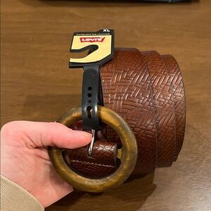 Levi's Textured Brown Leather Belt with Wooden Ring Buckle